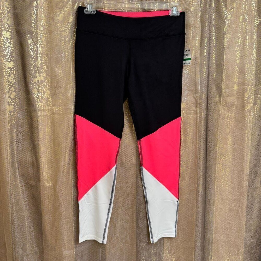 Material Girl Juniors Large Hot Pink Black White Colorblock Athletic Leggings NW